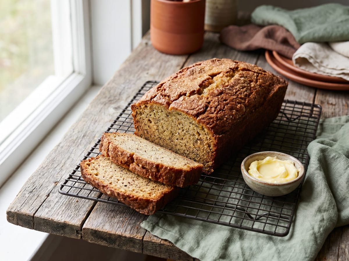 A loaf of banana bread on a cooling rack with two thick slices cut and a dish of butter
