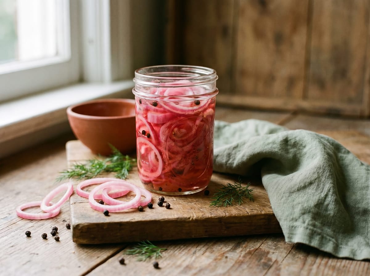 A pint jar of pink pickled red onions on a wooden board with loose onion rings and peppercorns