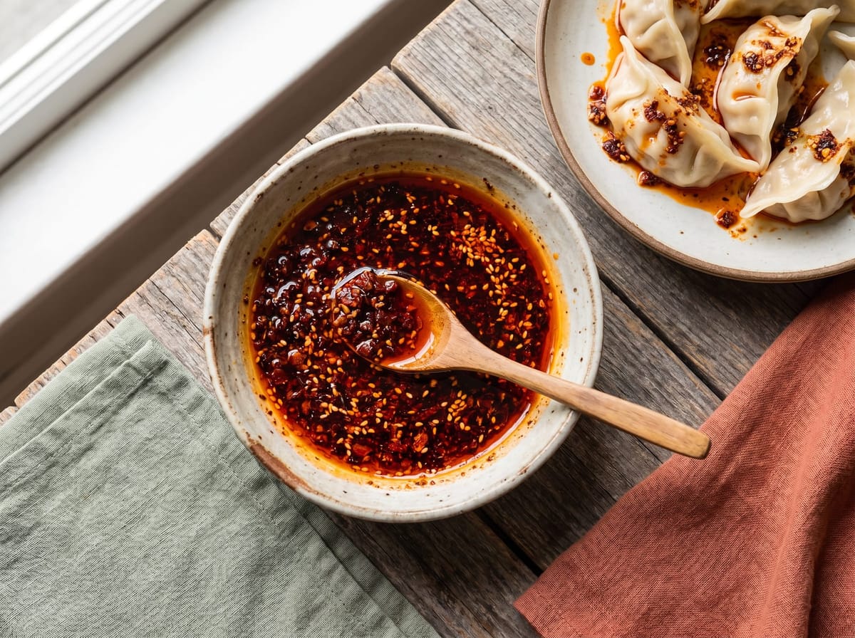 A ceramic bowl of glossy red chili crisp with a wooden spoon, dumplings drizzled with it nearby