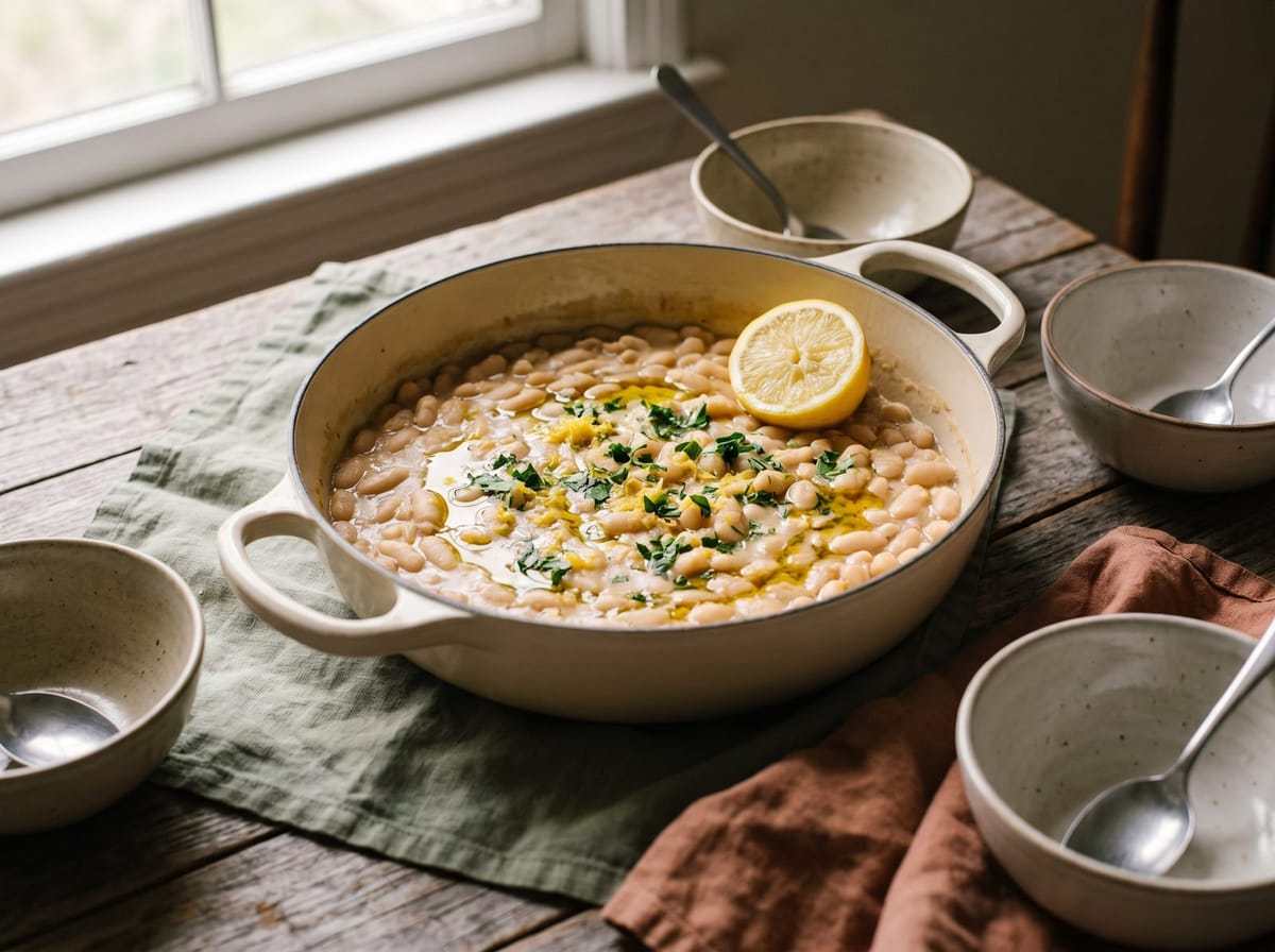 An enamel pot of creamy white beans with olive oil, parsley, and a lemon half, bowls beside it