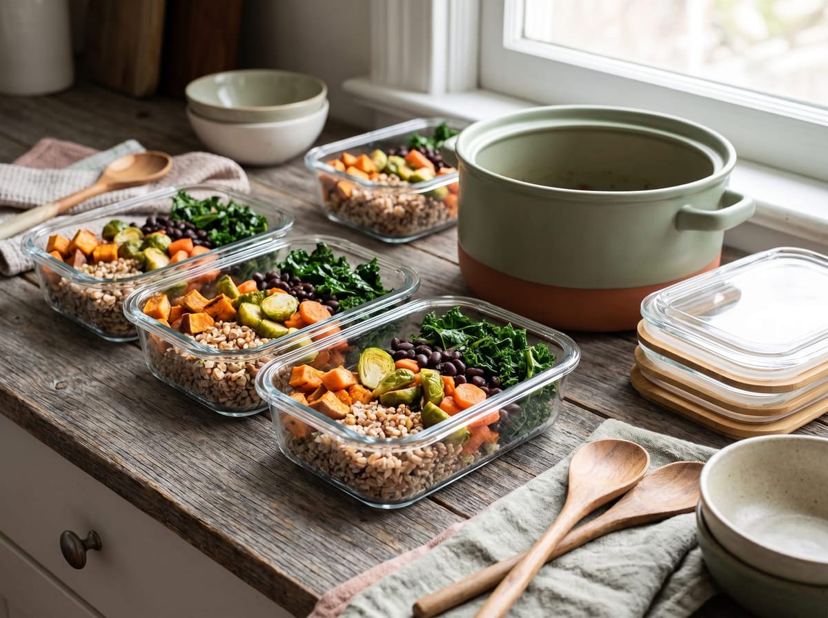 Glass meal prep containers of grains, roasted vegetables, beans, and greens on a kitchen counter
