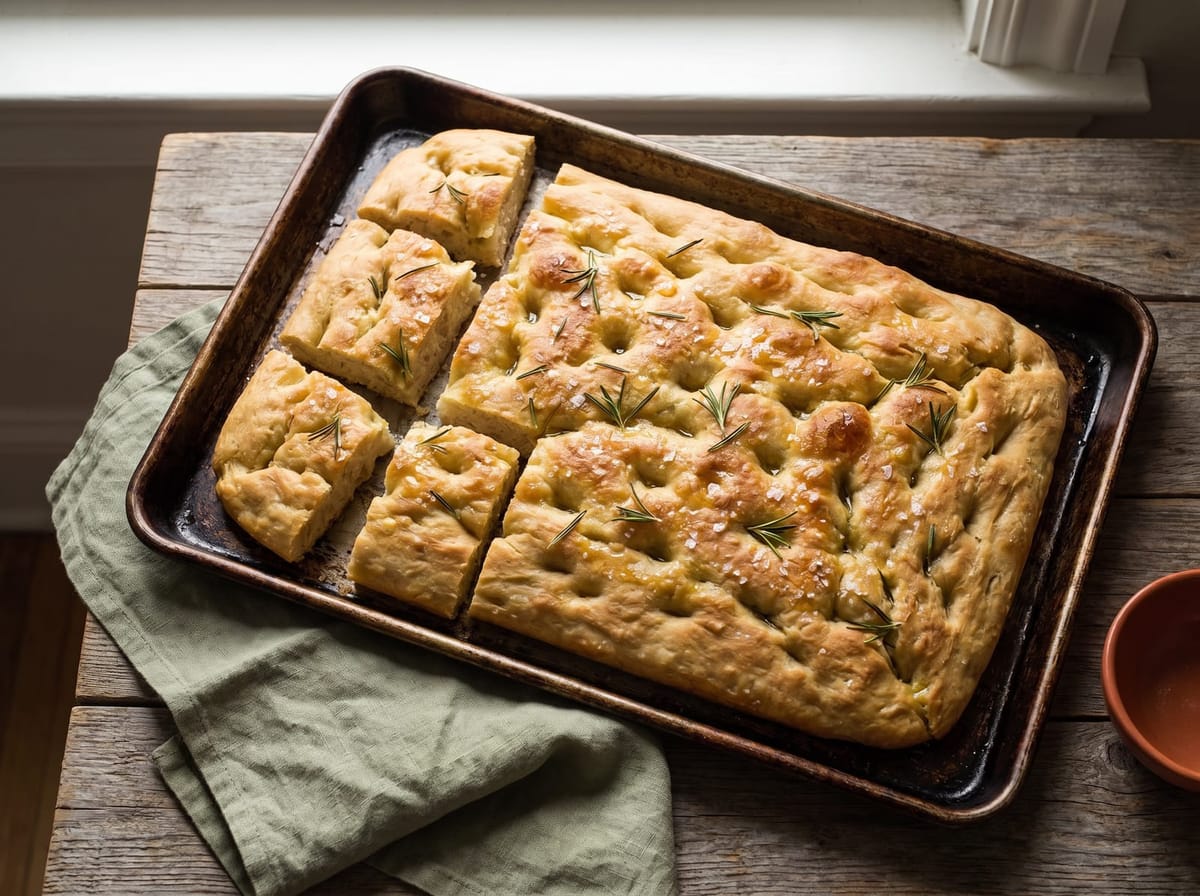 A golden dimpled focaccia with rosemary and flaky salt in a dark sheet pan, one corner cut into squares